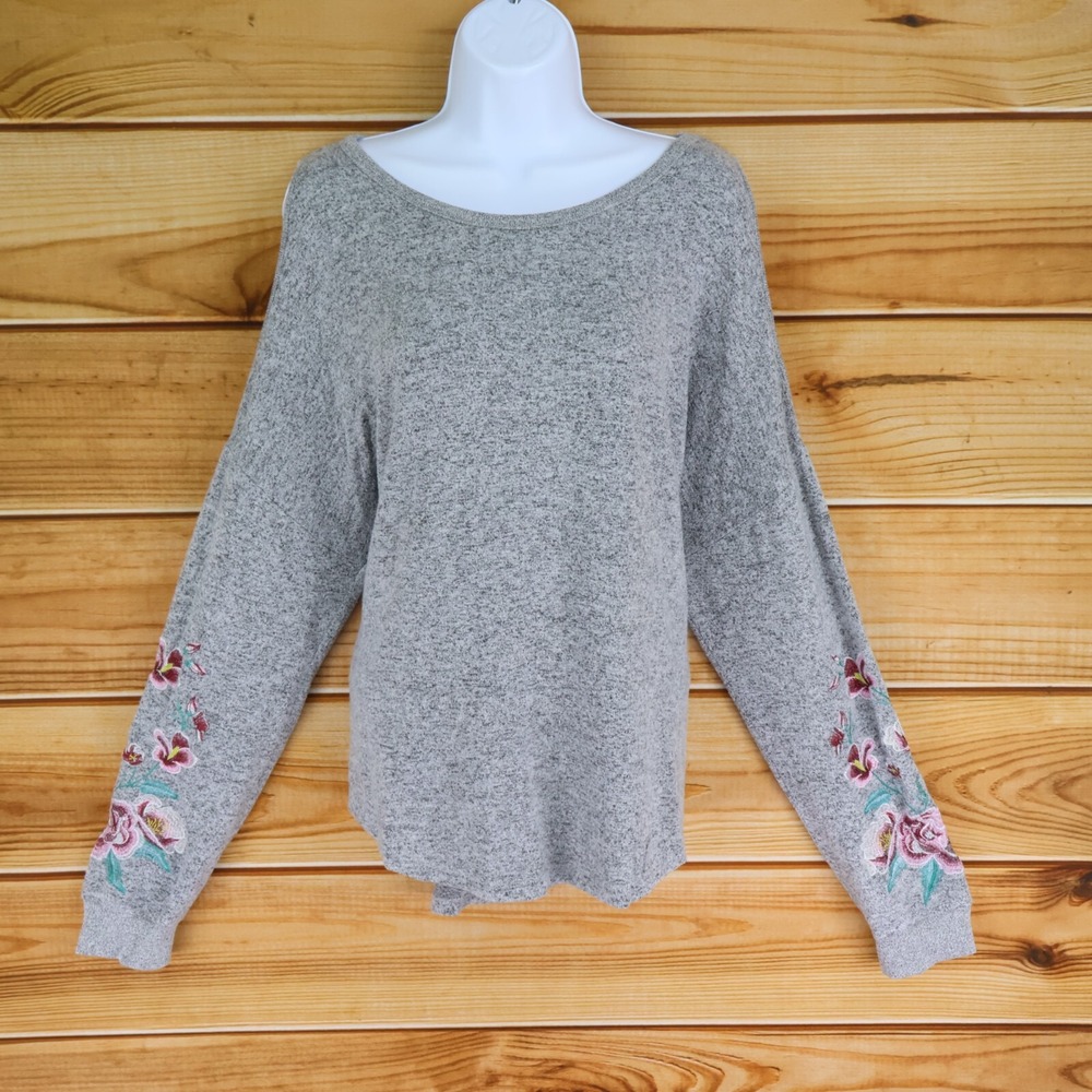 Alya Sweater Cold Shoulder Womens Size L Gray Heathered Embroidered Flowers Soft
